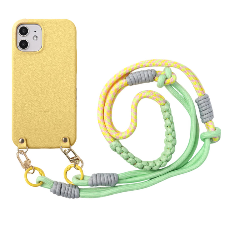 Vegan leather basic leather-style case with colorful shoulder strap on the back