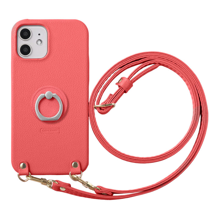 Vegan Leather Basic Leather-Style Smartphone Ring & Shoulder Strap Attached Back Case