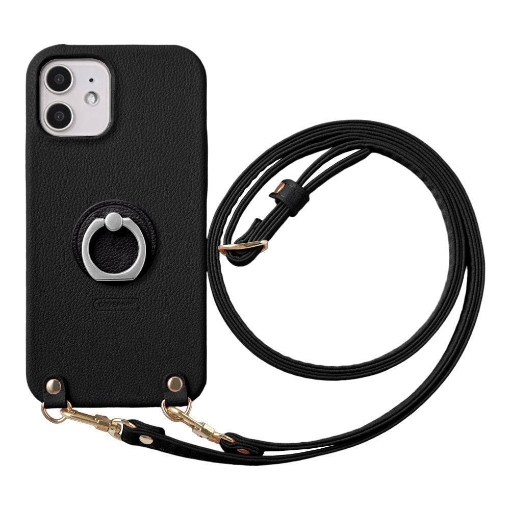 Vegan Leather Basic Leather-Style Smartphone Ring & Shoulder Strap Attached Back Case