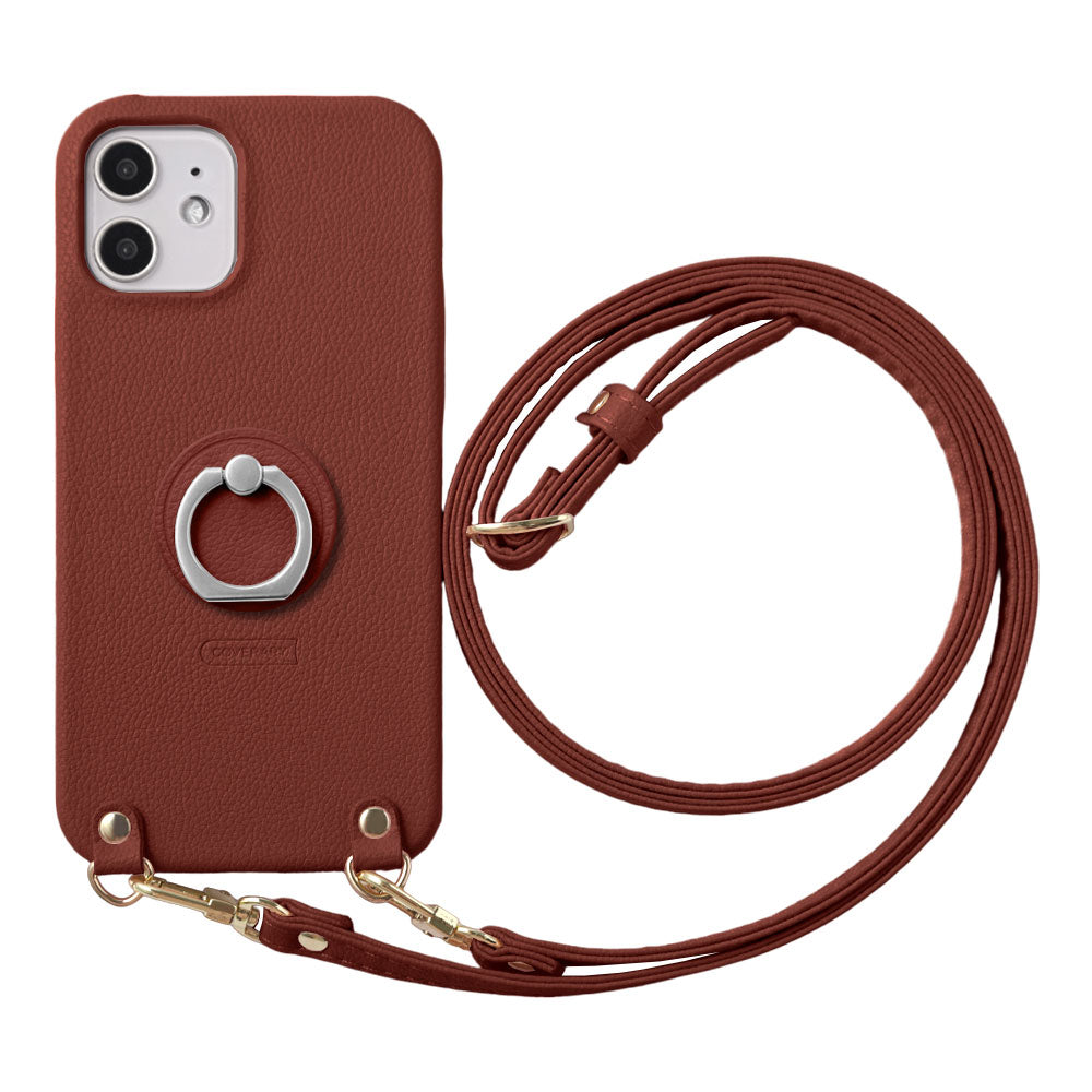 Vegan Leather Basic Leather-Style Smartphone Ring & Shoulder Strap Attached Back Case