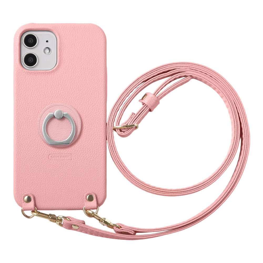 Vegan Leather Basic Leather-Style Smartphone Ring & Shoulder Strap Attached Back Case