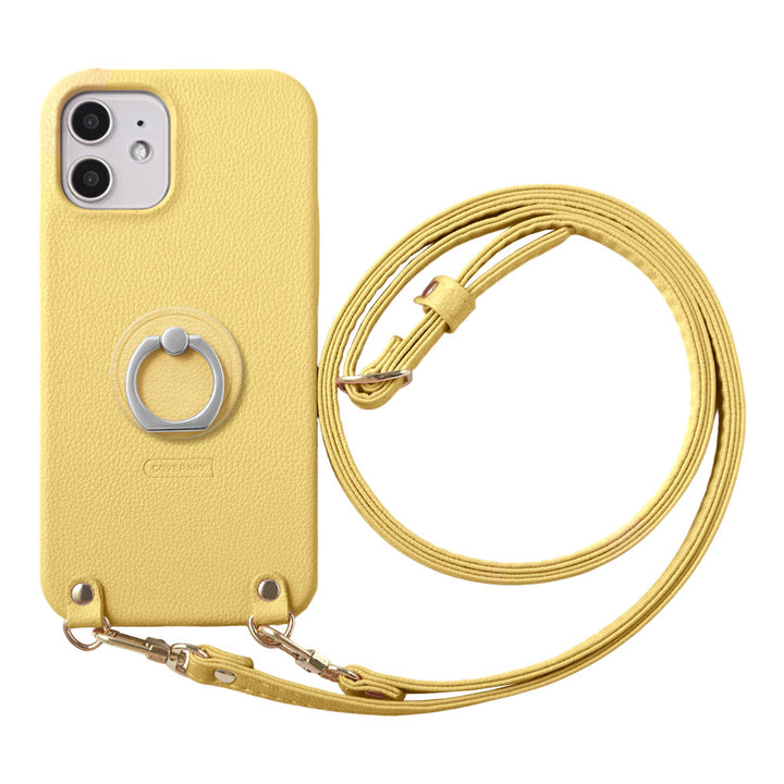 Vegan Leather Basic Leather-Style Smartphone Ring & Shoulder Strap Attached Back Case