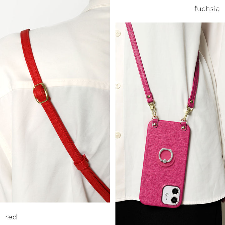 Vegan Leather Basic Leather-Style Smartphone Ring & Shoulder Strap Attached Back Case