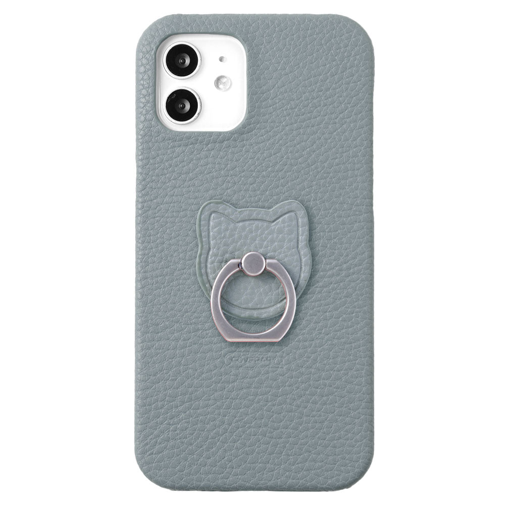 Vegan leather textured smoky color cat smartphone ring attached back case iPhone series