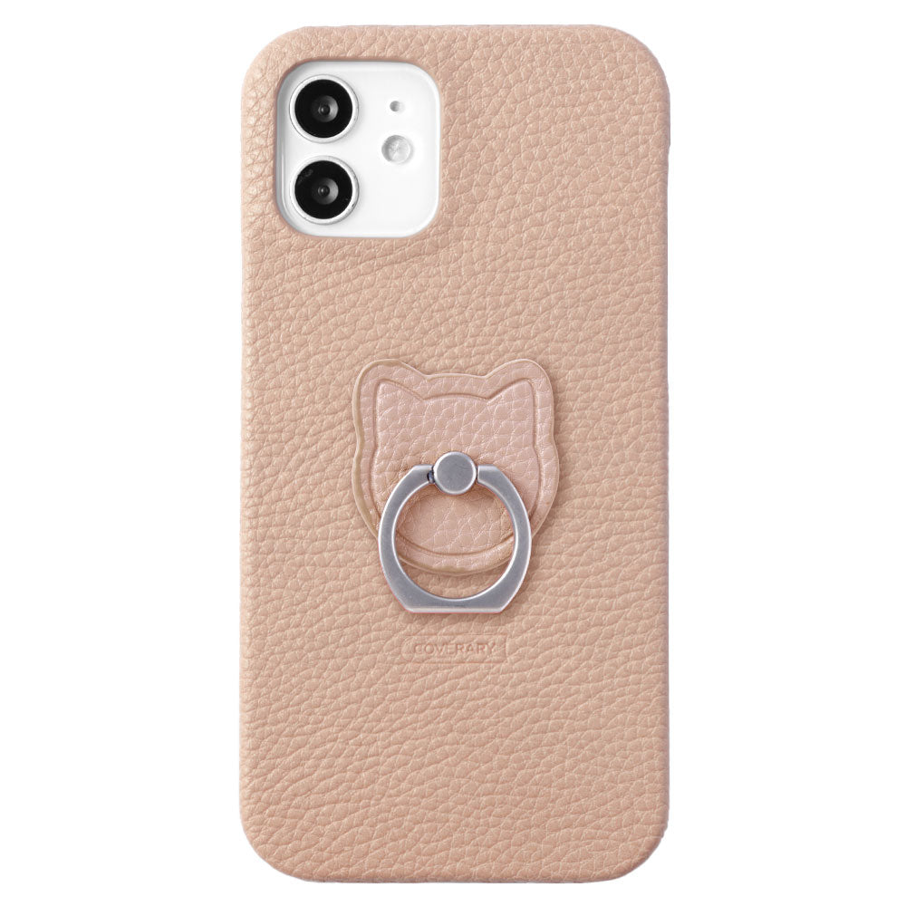 Vegan leather textured smoky color cat smartphone ring attached back case Galaxy series
