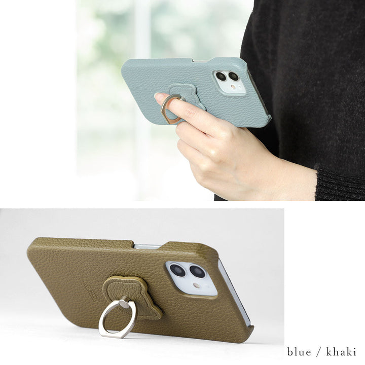 Vegan leather textured smoky color cat smartphone ring attached back case Galaxy series