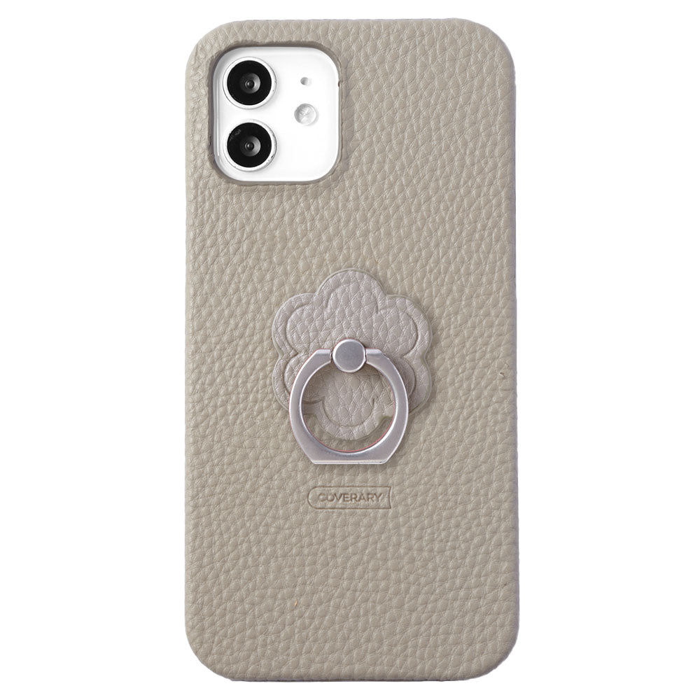 Vegan leather textured smoky color flower smartphone ring attached back case