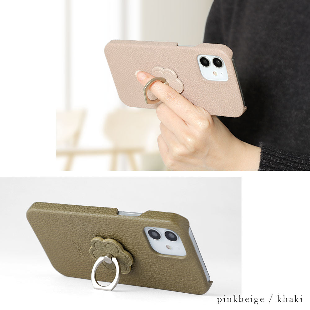 ヴィーガンレザー シボ加工 スモーキーカラー フラワー スマホリング付き 背面ケース Xperiaシリーズ