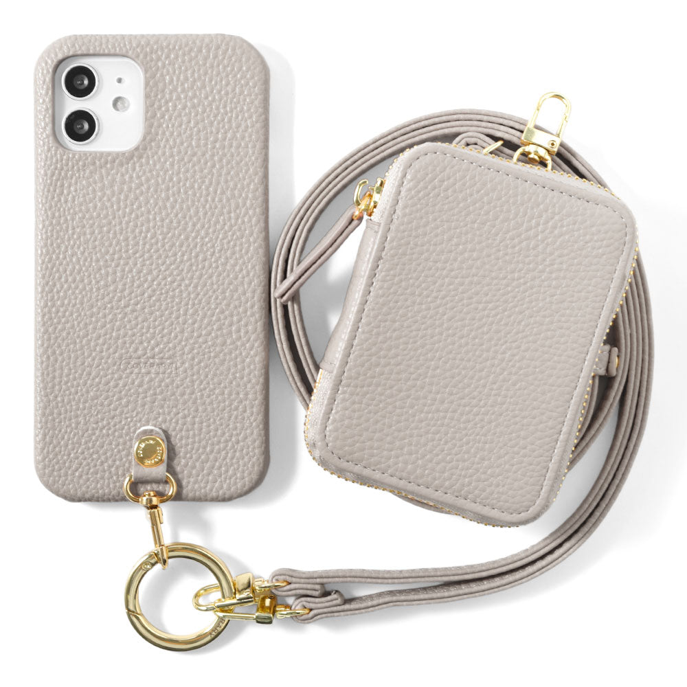 Étui arrière avec sangle d'épaule en cuir végan texturé et pochette pour gadget pour la série iPhone