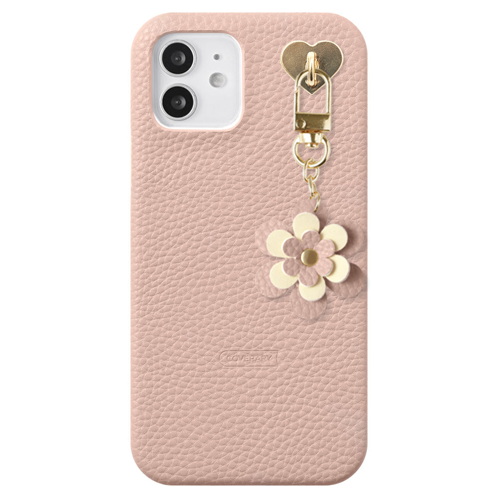 ヴィーガンレザー シボ加工 フラワーチャーム付き 背面ケース