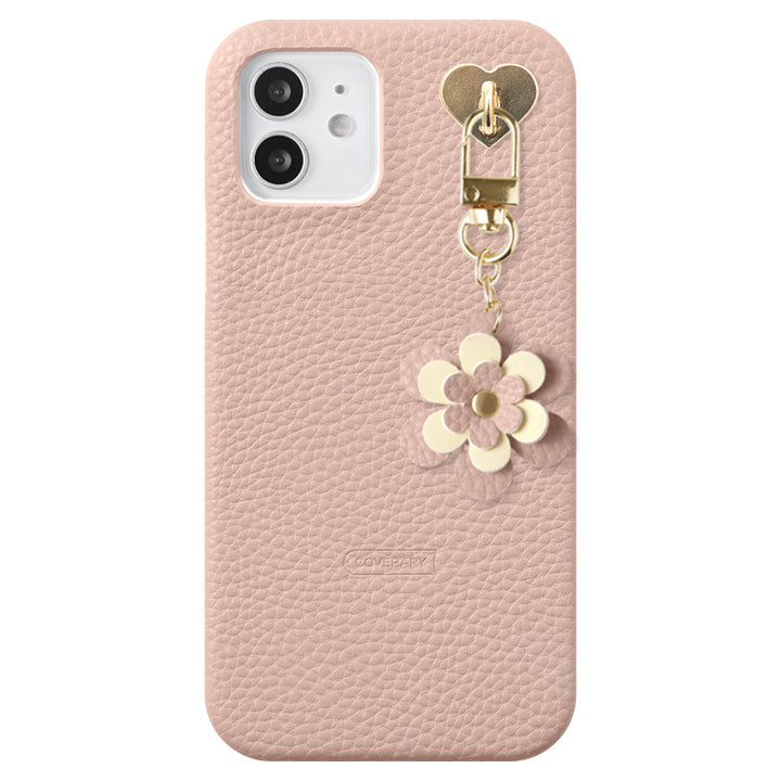 ヴィーガンレザー シボ加工 フラワーチャーム付き 背面ケース