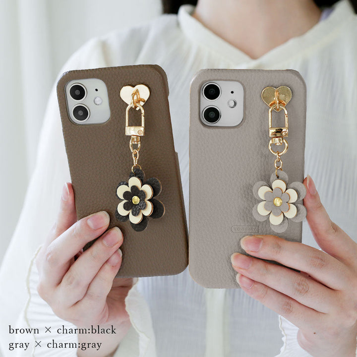 Étui arrière avec texture cuir vegan et breloque fleur pour la série AQUOS