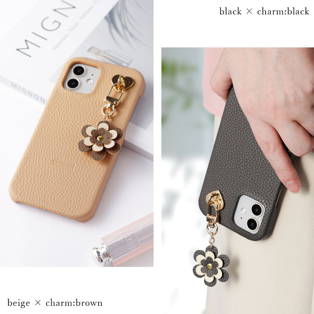 ヴィーガンレザー シボ加工 フラワーチャーム付き 背面ケース