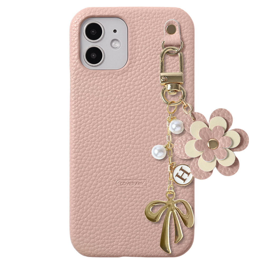 Étui arrière en cuir végan texturé avec breloque fleur, ruban et décoration initiale