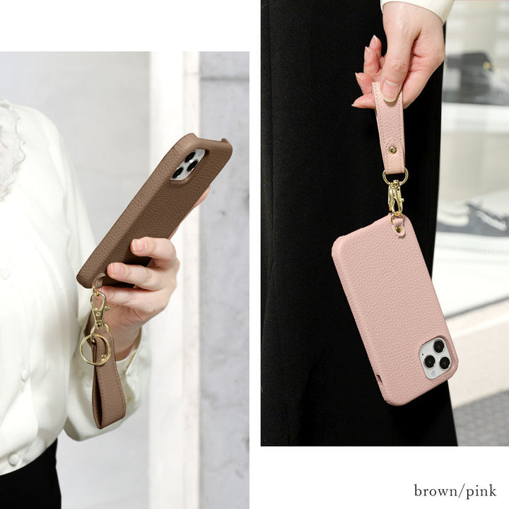 Vegan leather textured finish with finger strap back case for iPhone series