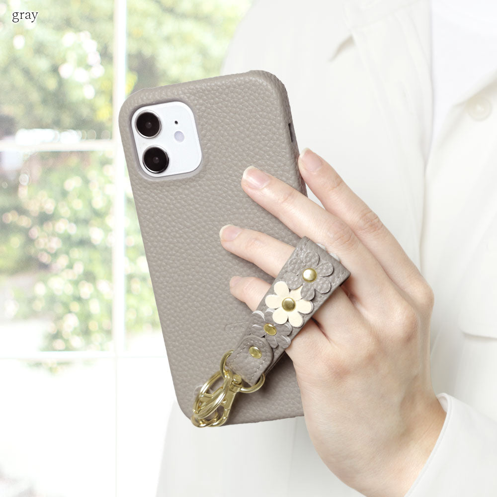 Vegan leather textured flower deco finger strap attached back case AQUOS series