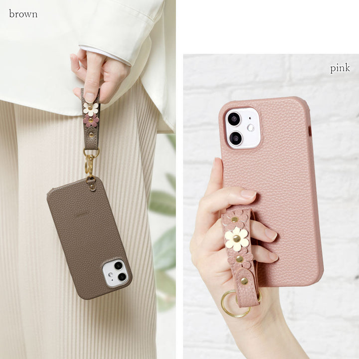 Vegan leather textured flower deco finger strap attached back case AQUOS series