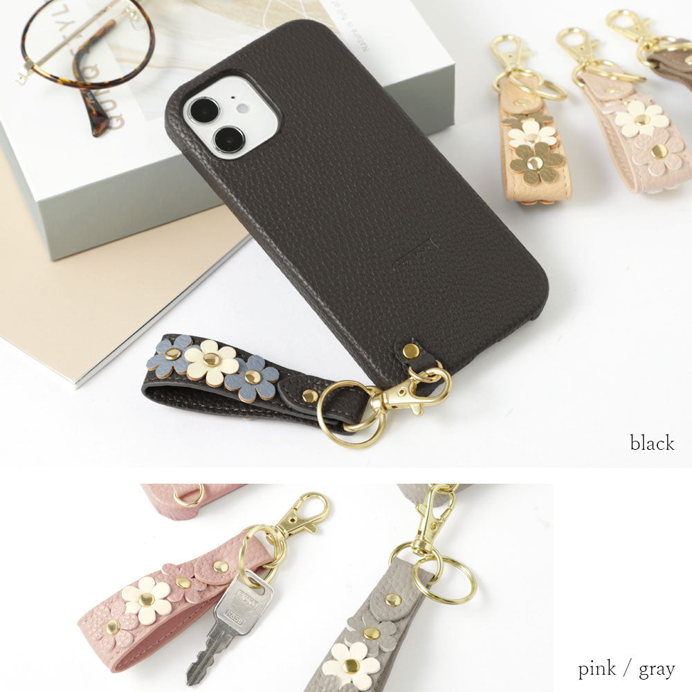 Vegan leather textured flower deco finger strap attached back case for iPhone series