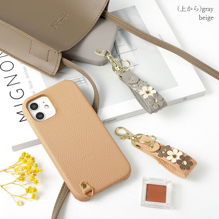 Vegan leather textured flower deco finger strap attached back case AQUOS series