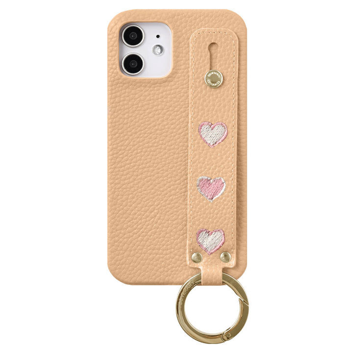 Vegan Leather Embossed Embroidery Heart with Hand Strap Back Case