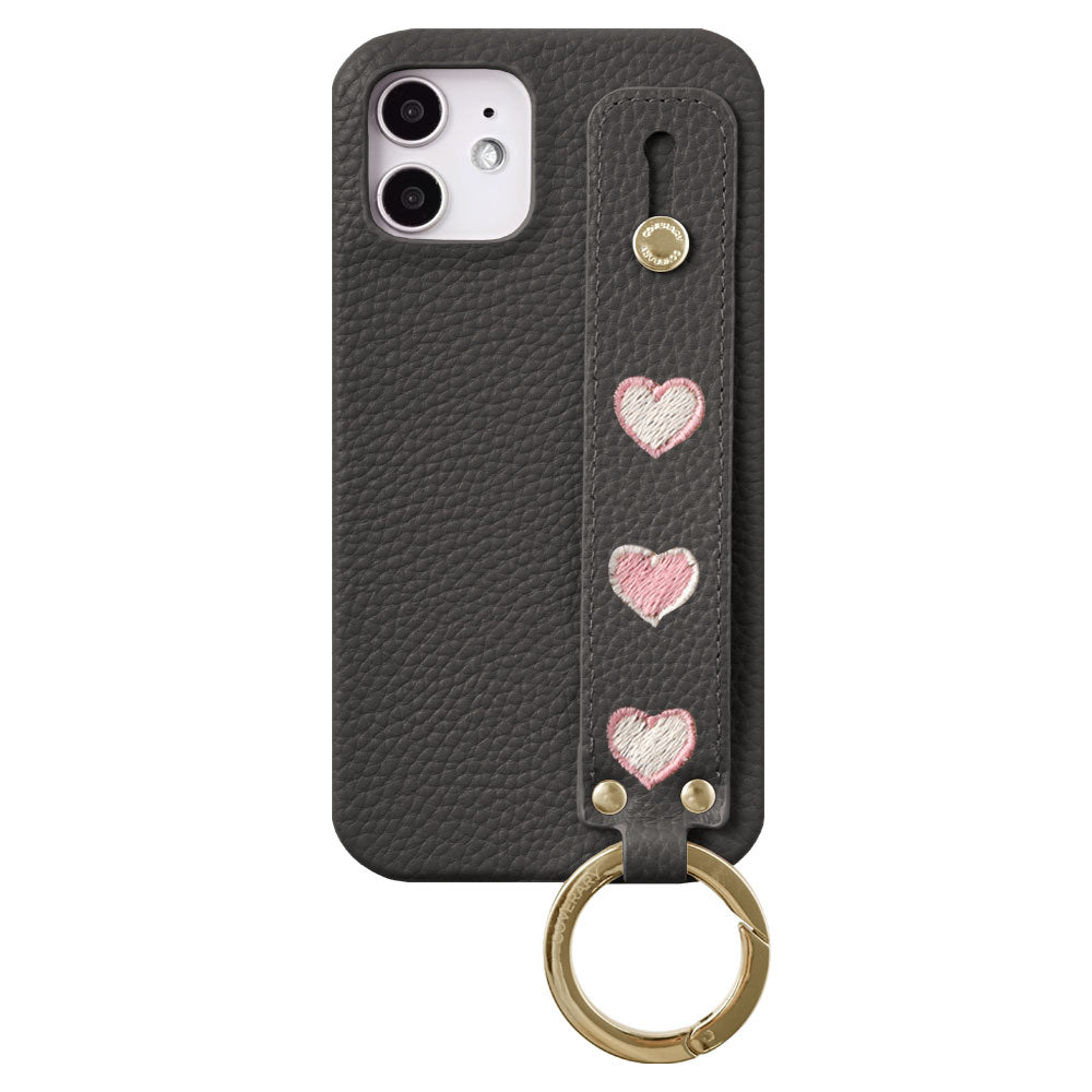 Vegan Leather Embossed Embroidery Heart with Hand Strap Back Case