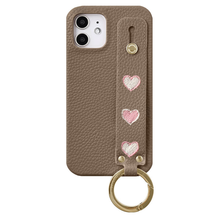 Vegan Leather Embossed Embroidery Heart with Hand Strap Back Case