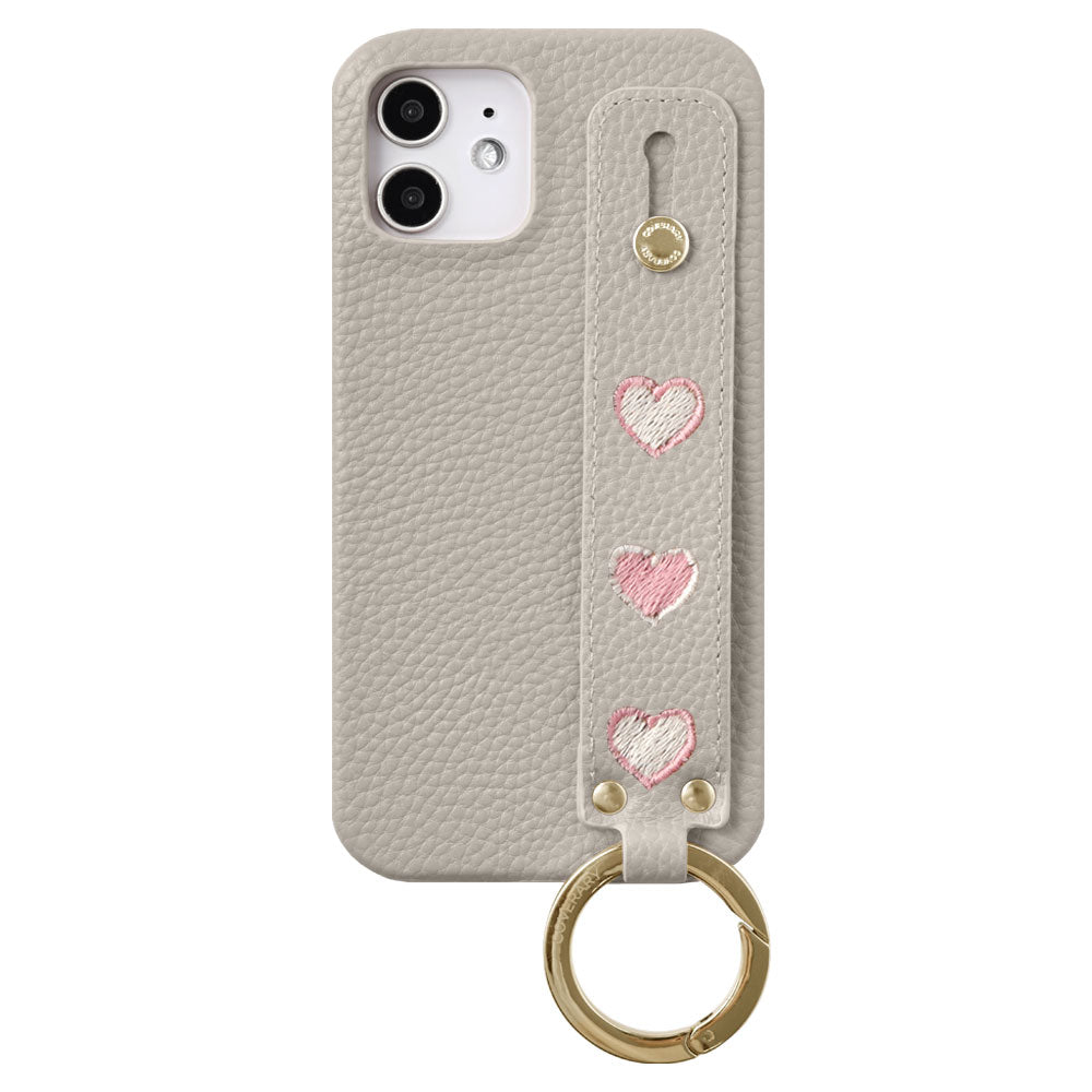 Vegan Leather Embossed Embroidery Heart with Hand Strap Back Case