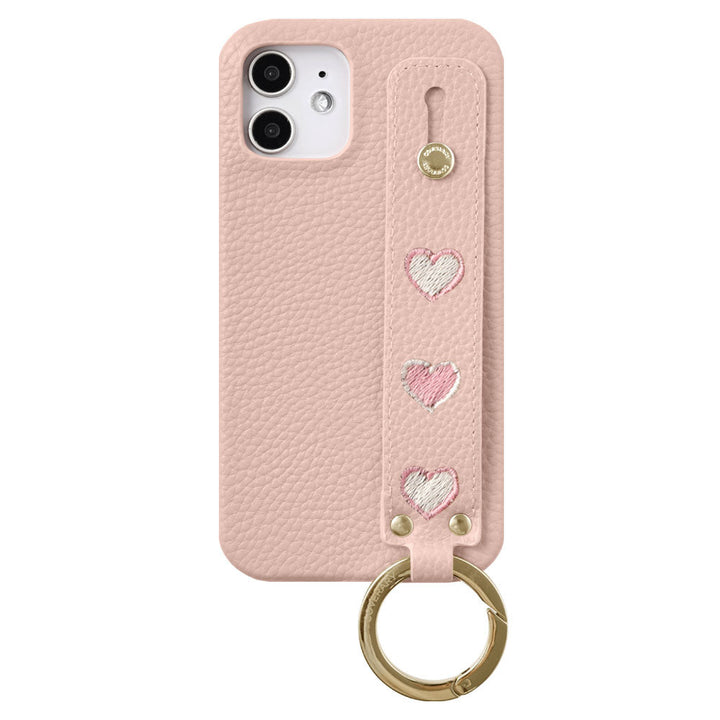 Vegan Leather Embossed Embroidery Heart with Hand Strap Back Case