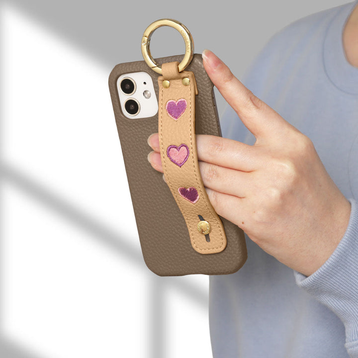 Vegan Leather Embossed Embroidery Heart with Hand Strap Back Case