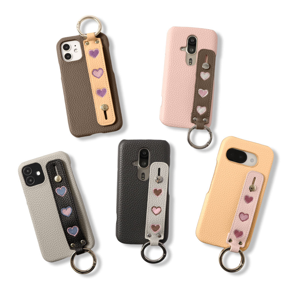 Vegan Leather Embossed Embroidery Heart with Hand Strap Back Case