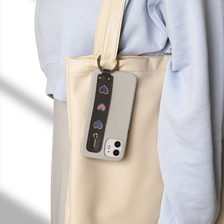 Vegan Leather Embossed Embroidery Heart with Hand Strap Back Case