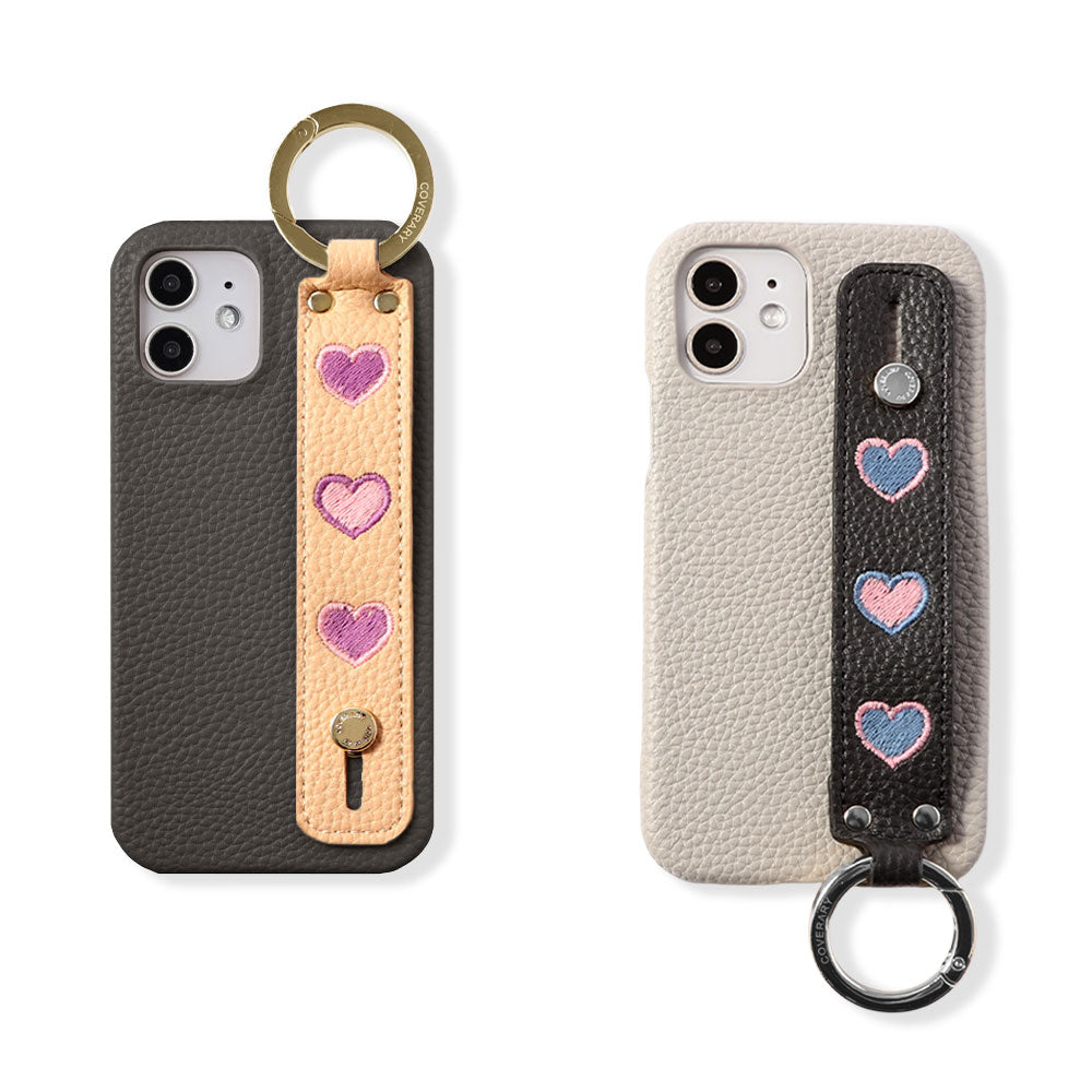 Vegan Leather Embossed Embroidery Heart with Hand Strap Back Case