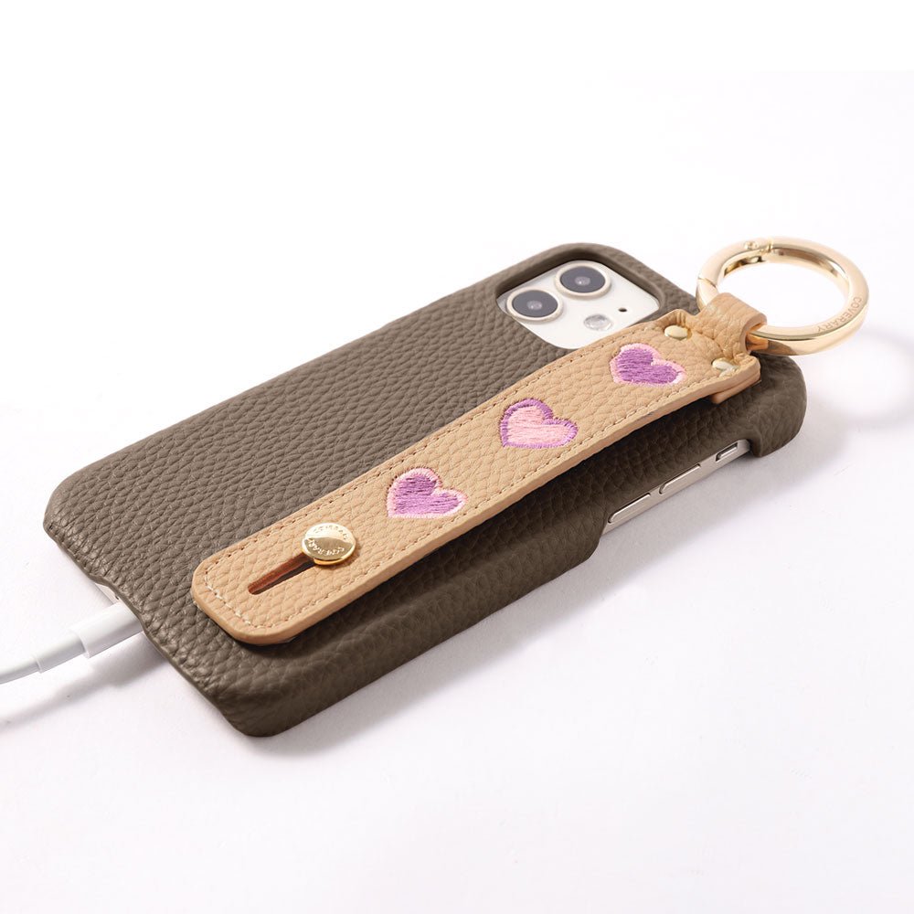 Vegan Leather Embossed Embroidery Heart with Hand Strap Back Case