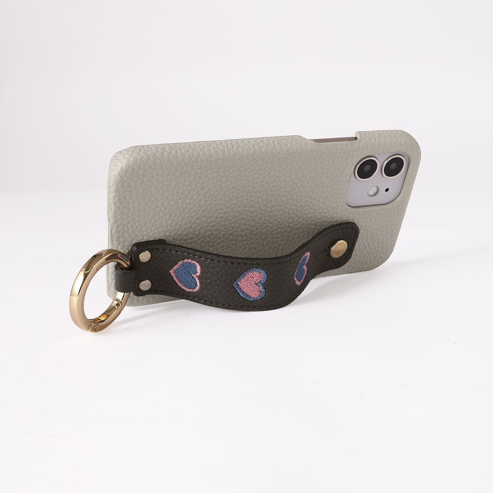 Vegan Leather Embossed Embroidery Heart with Hand Strap Back Case