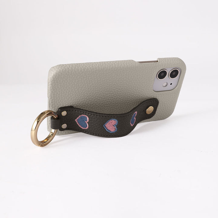 Vegan Leather Embossed Embroidery Heart with Hand Strap Back Case