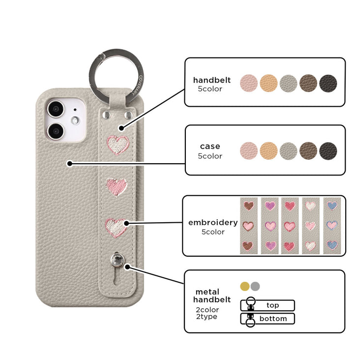 Vegan Leather Embossed Embroidery Heart with Hand Strap Back Case