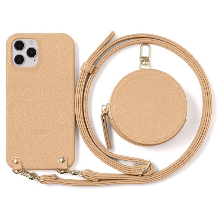 Cuir végan grainé avec bandoulière et pochette ronde, coque arrière pour la série Xperia
