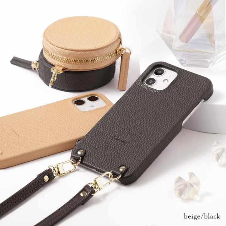 Cuir végan grainé avec bandoulière et pochette ronde, coque arrière pour la série Xperia