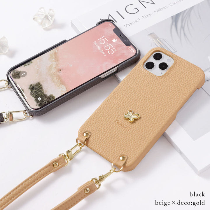 Cuir végan embossé avec décoration papillon, avec bandoulière, coque arrière pour la série Xperia