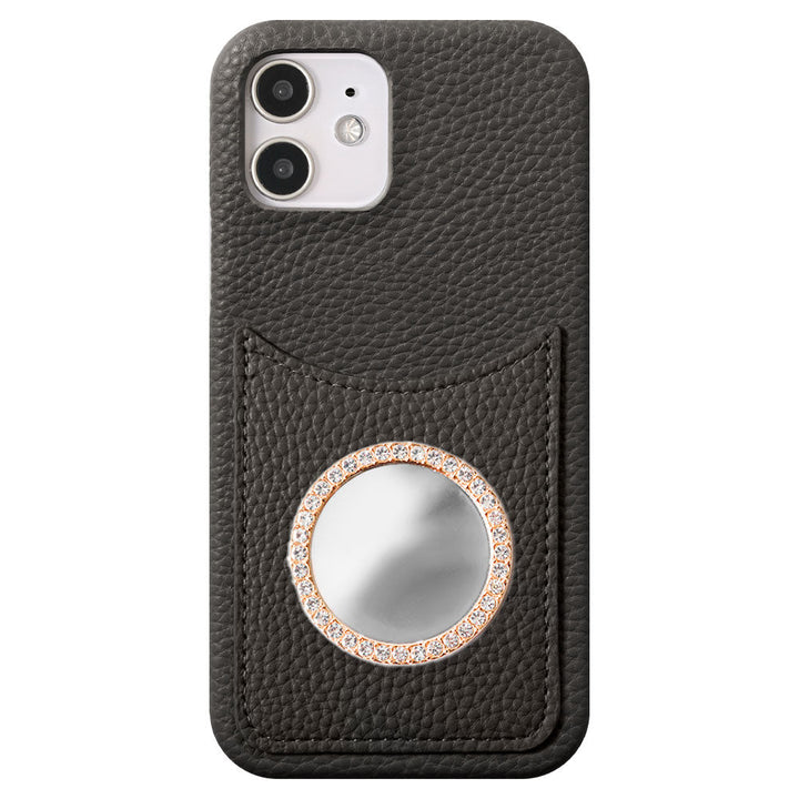 Vegan leather textured smiley pocket with mirror stone back case AQUOS series