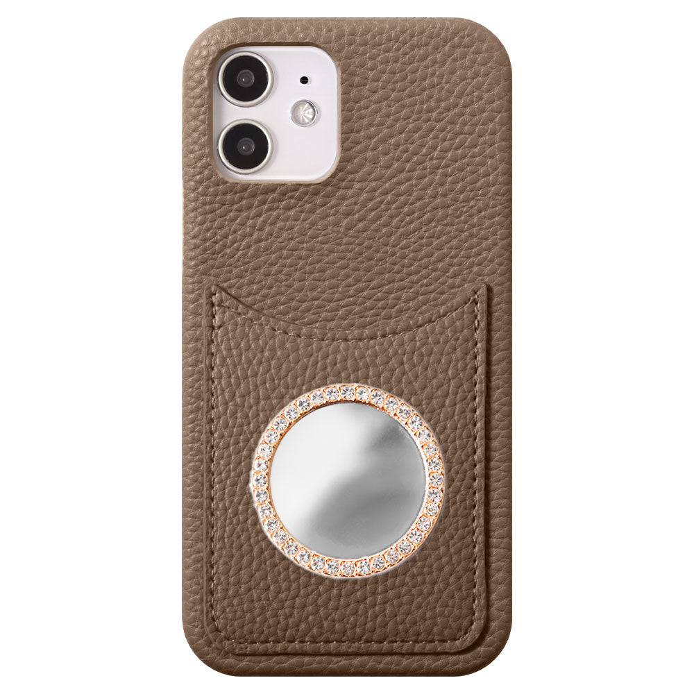 Vegan leather textured smiley pocket with mirror stone back case