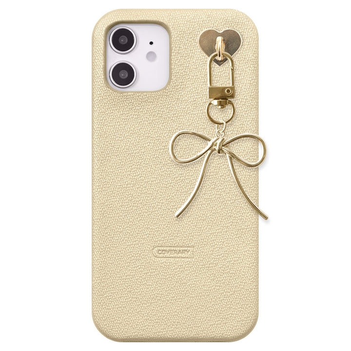 Vegan leather pearl color with selectable ribbon charm back case