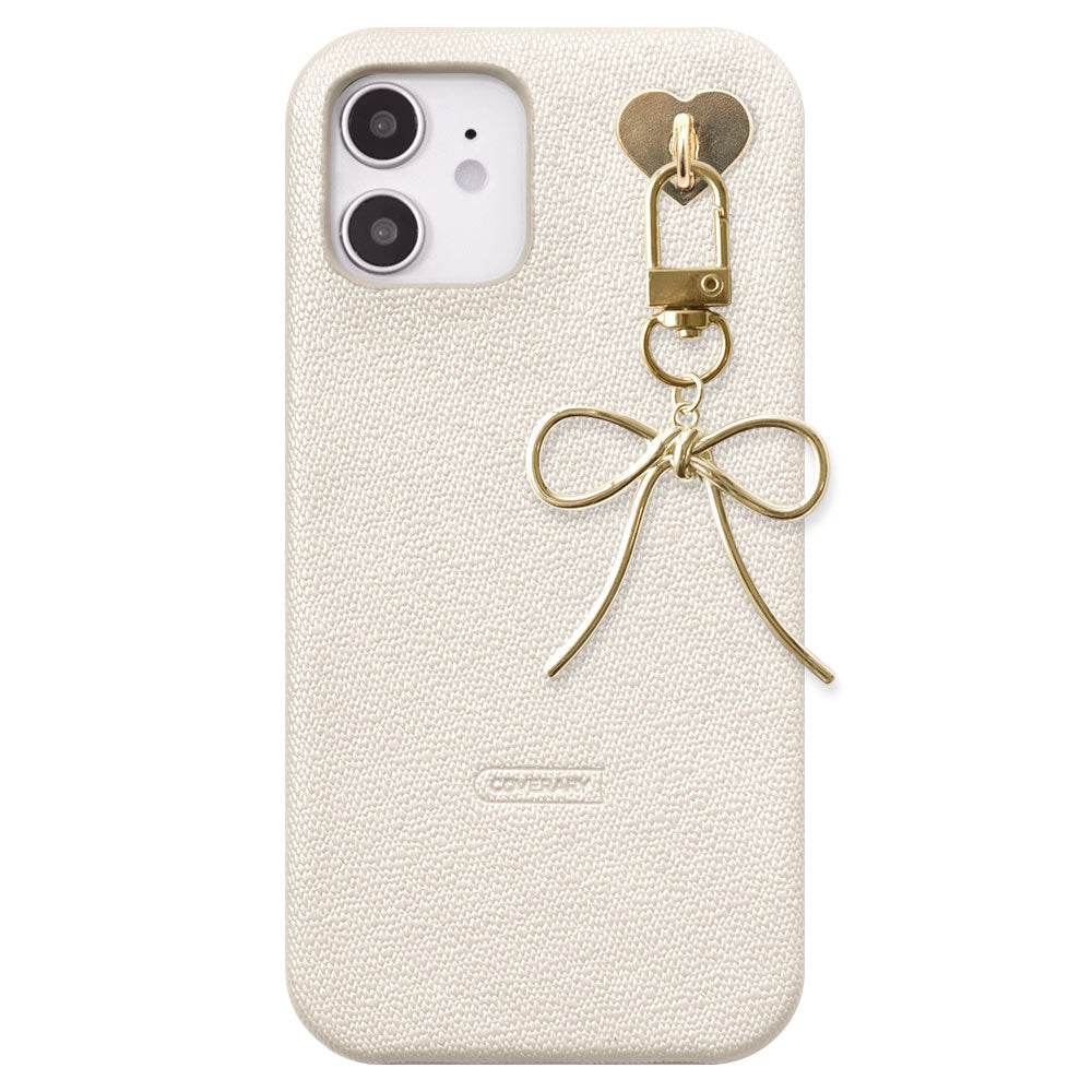 Vegan leather pearl color with selectable ribbon charm back case for Xperia series