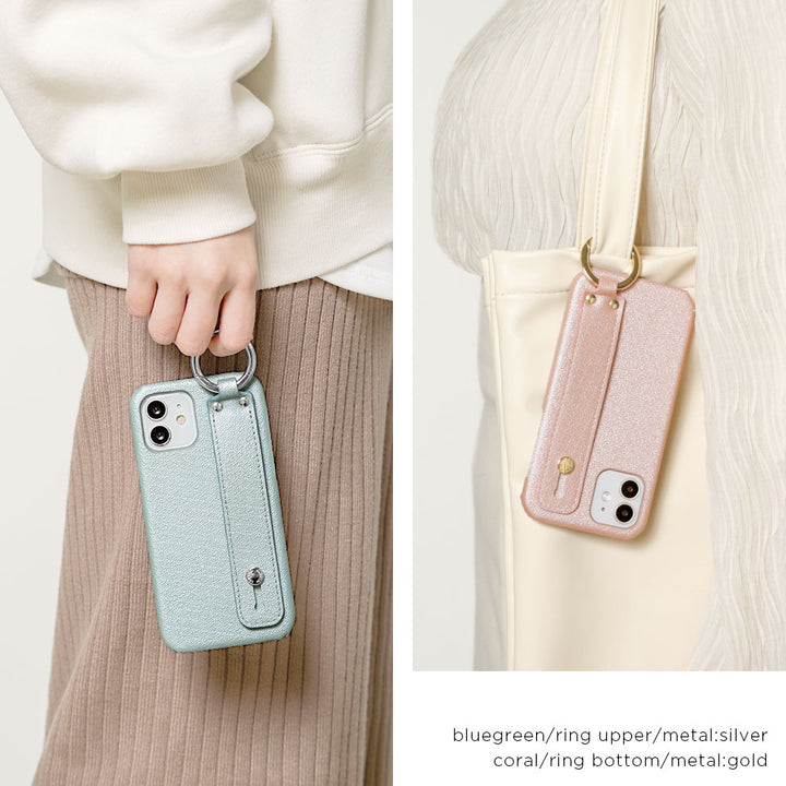 ヴィーガンレザー パールカラー ハンドベルト付き 背面ケース