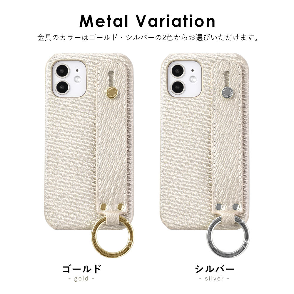 ヴィーガンレザー パールカラー ハンドベルト付き 背面ケース iPhoneシリーズ