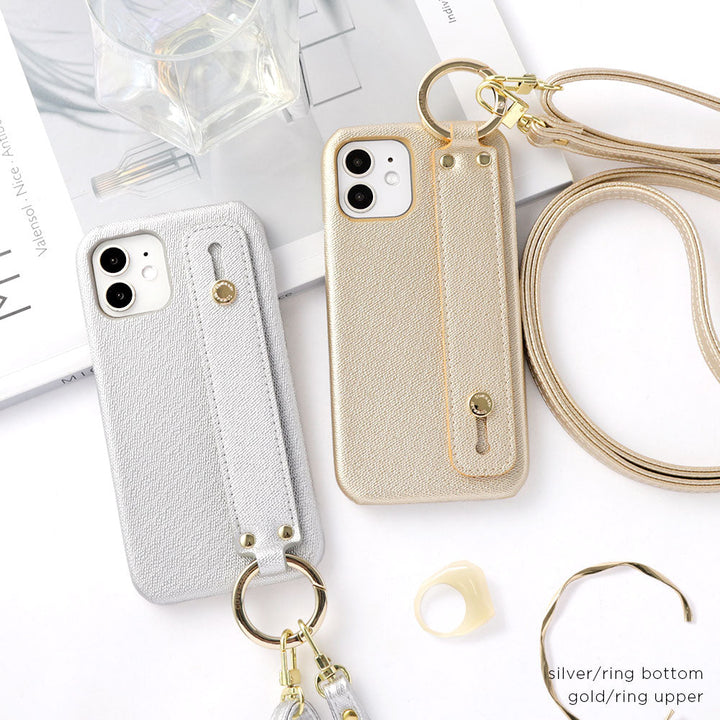 Étui arrière avec ceinture de main et bandoulière en cuir végan couleur perle pour la série Google Pixel