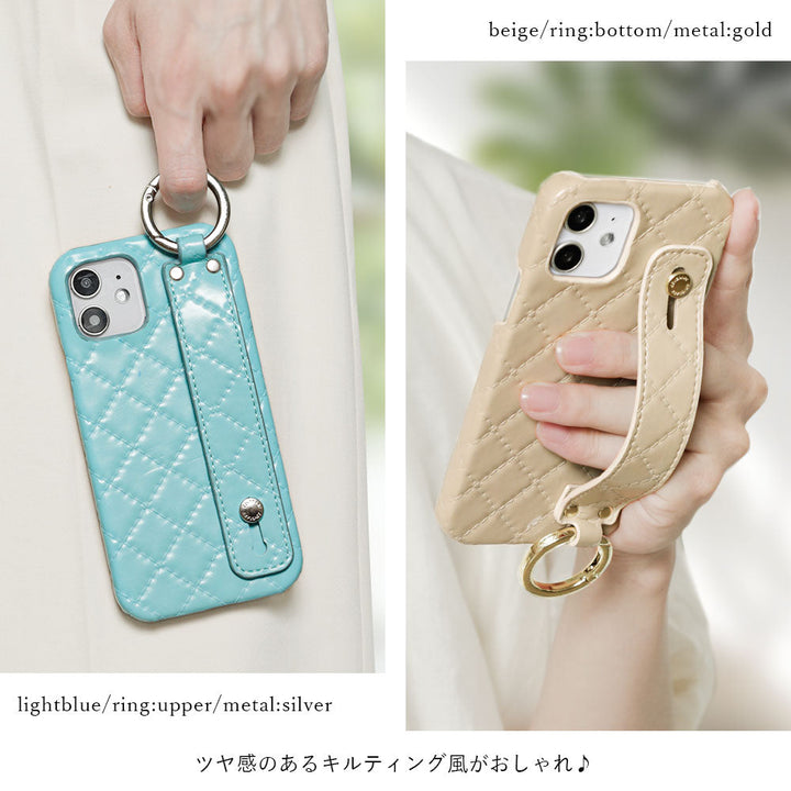 ヴィーガンレザー キルティング ハンドベルト付き 背面ケース Xperiaシリーズ