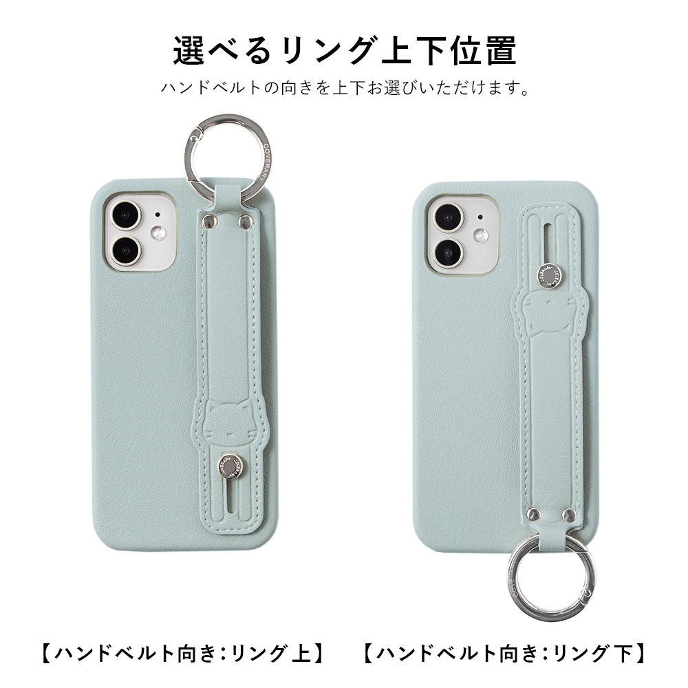 ヴィーガンレザー スムース生地 くすみカラー ネコハンドベルト付き 背面ケース Xperiaシリーズ