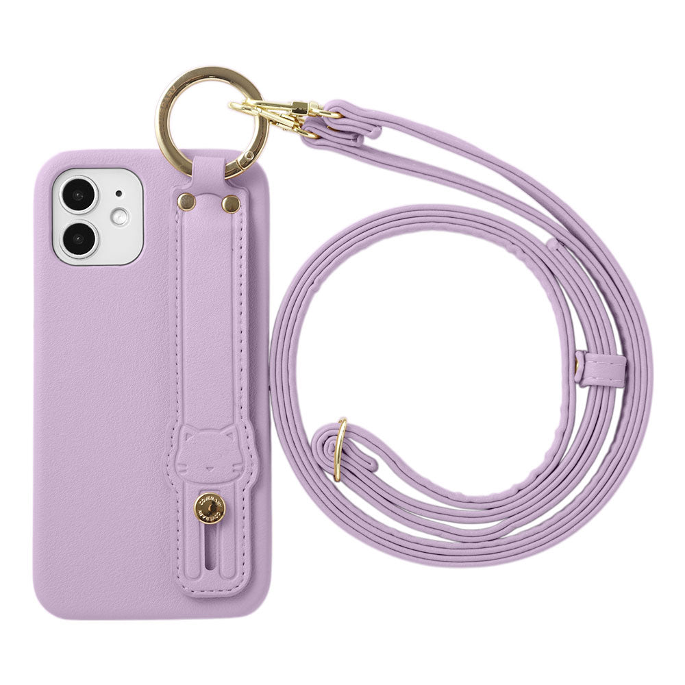 Cuir végan tissu lisse couleur terne avec ceinture main chat et bandoulière étui arrière série iPhone
