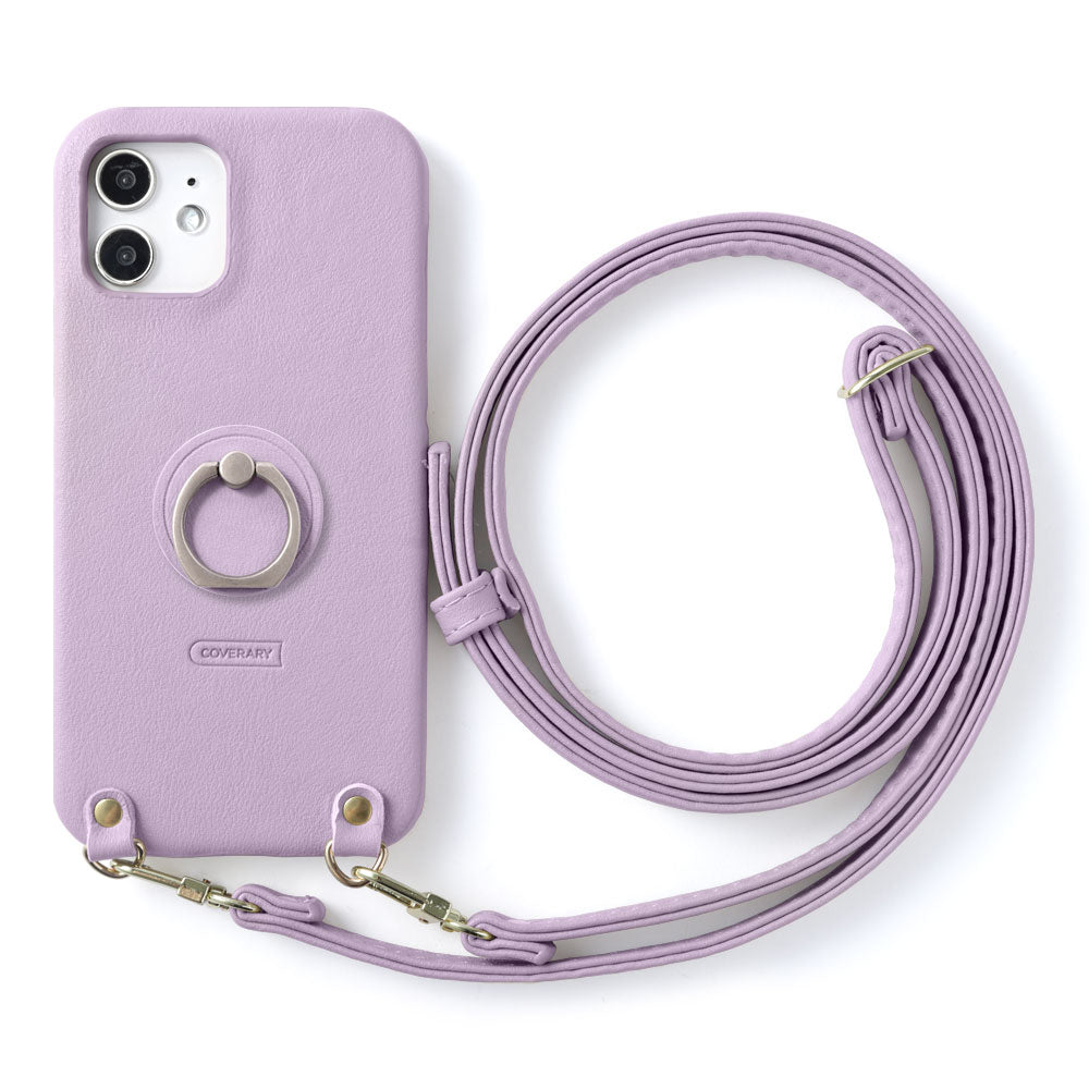 ヴィーガンレザー スムース生地 くすみカラー スマホリング ショルダーストラップ付き 背面ケース AQUOSシリーズ